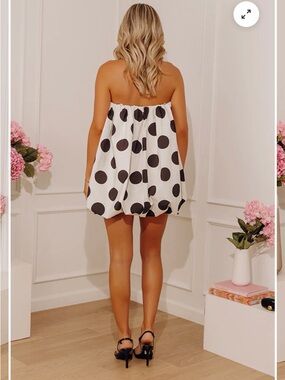 Impressions Strapless Polka Dot Bubble Mini Dress in White and Black